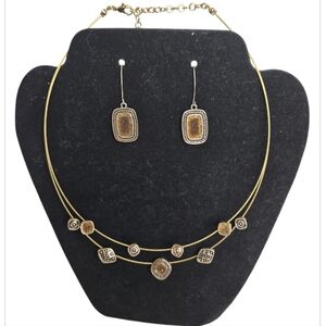 Double Strand Gold Tone Wire Druzy Style Necklace And Earring Set